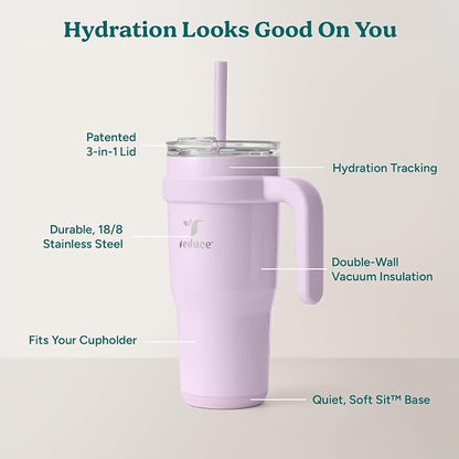 REDUCE 24 oz Stainless Steel Tumbler with Handle - Dual-Wall Vacuum Insulated Travel Mug, Sweat-Proof Lid & Reusable Straw - Keeps Drinks Cold for 24 Hrs, Fits Cupholders, Dishwasher Safe - Lilac Bud