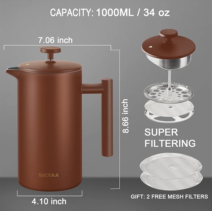 Secura French Press Coffee Maker, 304 Grade Stainless Steel Insulated Coffee Press with 2 Extra Screens, 34oz (1 Litre), Coffee