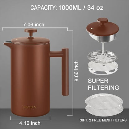 Secura French Press Coffee Maker, 304 Grade Stainless Steel Insulated Coffee Press with 2 Extra Screens, 34oz (1 Litre), Coffee