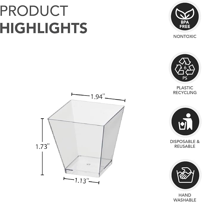 Party Essentials Clear Miniware Appetizer and Dessert Food Tasting Set for Presentation, Serving, and Catering, 2 oz. Square Shot Glasses, Cups Only, Pack of 40