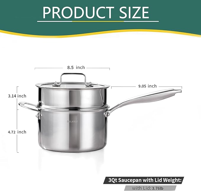 DELARLO Tri-Ply Whole-Clad Stainless Saucepan 3.5 Quart Steamer Set With Glass Lid, Ergonomic Handle, Vegetable Steamer, Steamer for Cooking, Multipurpose Sauce Pan, Kitchen Sauce Pot, Oven Safe