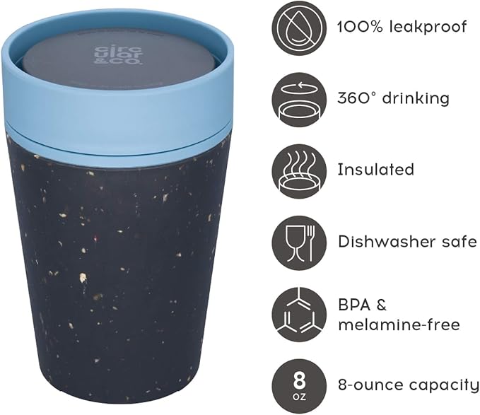 Circular and Co Leakproof Reusable Coffee Cup 8oz/227ml - The World's First Travel Mug Made from Recycled Coffee Cups, 100% Leak-Proof, Sustainable & Insulated. (Black & Faraway Blue)
