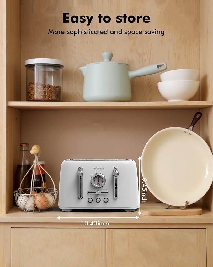 LONGDEEM 4-Slice Stainless Steel Toaster with 1.6" Wide Slots, Retro Bagel Toaster with 6 Browning Levels, Defrost/Bagel/Cancel, Removable Crumb Tray, White