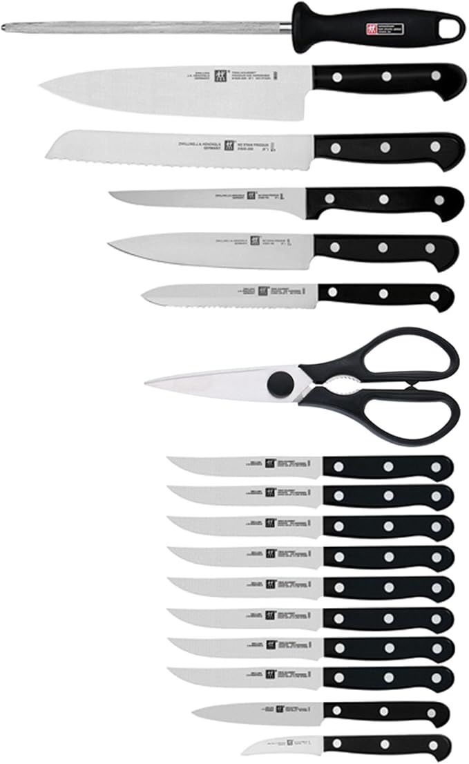 ZWILLING Twin Gourmet Classic 18-pc Knife Block Set, German Stainless Steel, 3 Rivet Handle, No-Stain, Includes Shears Honing Steel, Made in Spain