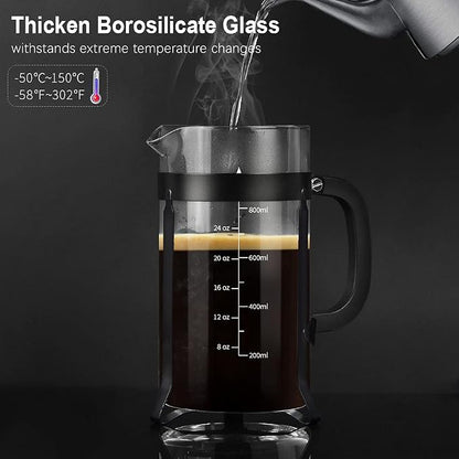 QUQIYSO French Press Coffee Maker 304 Stainless Steel French Press with 4 Filter, Heat Resistant Durable, Easy to Clean, Borosilicate Glass Coffee Press, 100% BPA Free Glass Teapot,34 ounce, Black