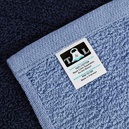 Towel and Linen Mart 100% Cotton - Wash Cloth Set - Flannel Face Cloths, Highly Absorbent and Soft Feel Fingertip Towels (Navy, White & Sky Blue, Pack of 12)