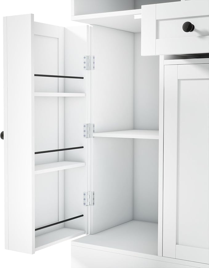 VilroCaz Farmhouse Style Large Kitchen Pantry with Hutch, Freestanding Wood Storage Cabinet Cupboard with Pull-Out Side Cabinet, Door Shelves and Drawer (White-6.10)