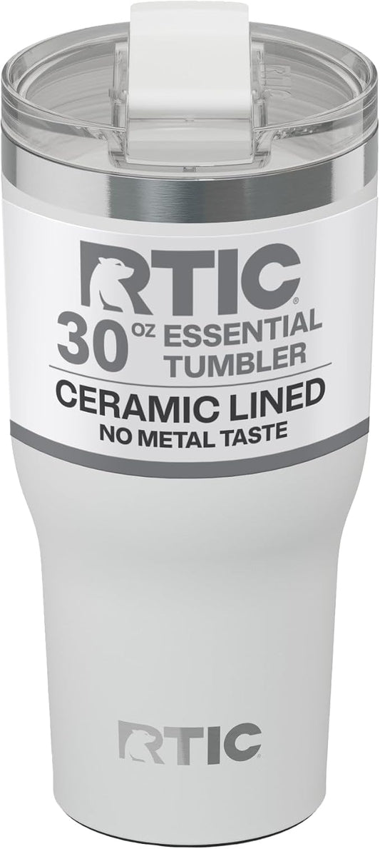 RTIC 30oz Essential Tumbler with Lid, Ceramic Lined, Insulated, Stainless Steel, Metal, Double Wall Vacuum-Insulation, Travel Cup for Iced Coffee, Tea, Hot and Cold Drink, White
