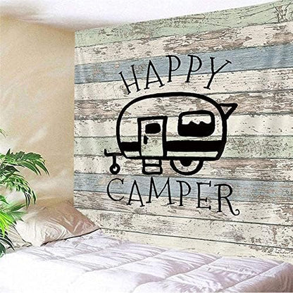 JAWO Happy Campers Shower Curtain Retro Rustic Wood Neutral Color for Travel Trailer Camping Theme Motor RV Bathroom Stall Shower Curtain Set, Waterproof Fabric Shower Cutain, Hooks Include 72X75