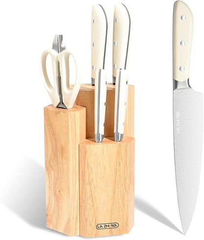 7 Piece Kitchen Knife Block Set, Stainless Steel Knives with Sharpener for Chopping, Dishwasher Safe (burlywood)