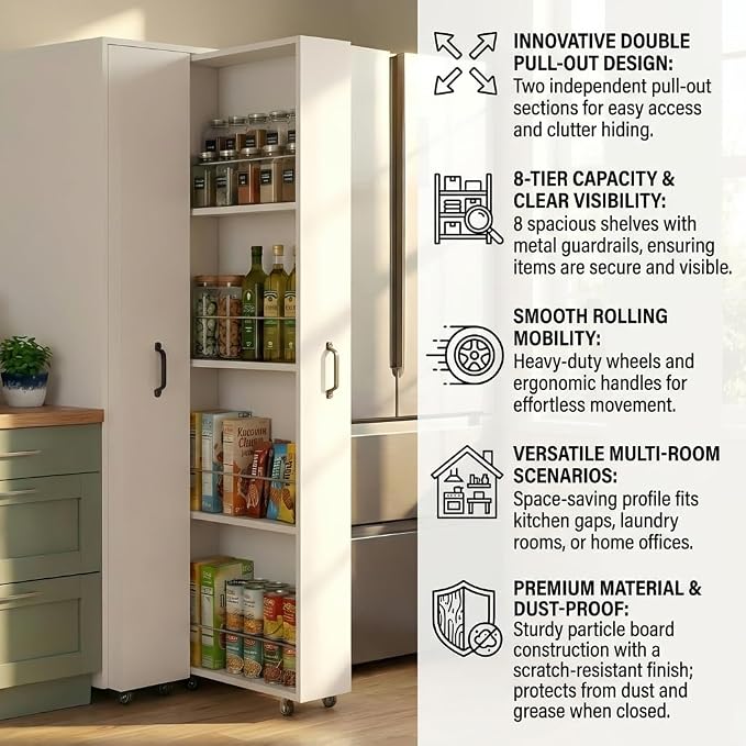 Double Pull Out Pantry Cabinet, Slim Rolling Storage Cart for Kitchen & Home Office, 8-Tier Wood Rolling Pantry Cart Gap Filler for Laundry Room, Dustproof Slide Out Organizer, 62" H White