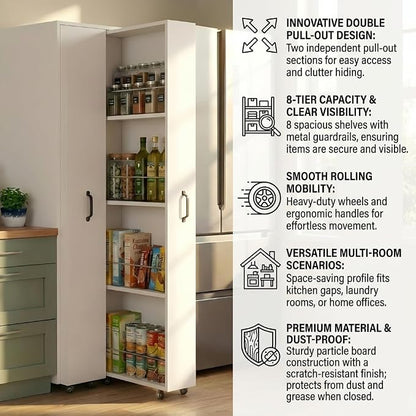 Double Pull Out Pantry Cabinet, Slim Rolling Storage Cart for Kitchen & Home Office, 8-Tier Wood Rolling Pantry Cart Gap Filler for Laundry Room, Dustproof Slide Out Organizer, 62" H White