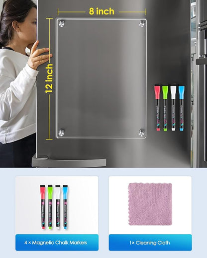 MaxGear 12"x8" Acrylic Magnetic Whiteboard for Fridge, Small Clear Refrigerator Dry Erase Board with 4 Markers and 1 Cloth, Smooth Writing and Easy Cleaning Blank Memo Grocery List for Home Planner