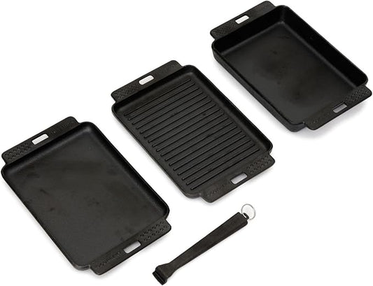 Current® Cast Iron Sizzle Plates 3-Piece Set - Deep Pan, Shallow Pan, Grill Pan with Removable Handle, Pre-Seasoned, Heat Retention, Compatible Model P Pizza Oven