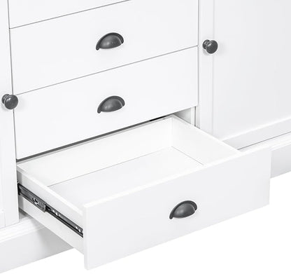 VilroCaz Freestanding Large Kitchen Pantry, Wooden Kitchen Organizers and Storage Kitchen Cabinet with 4 Drawers, Cupboard, 5 Doors, Adjustable Shelves for Dining Room (White-3.15)