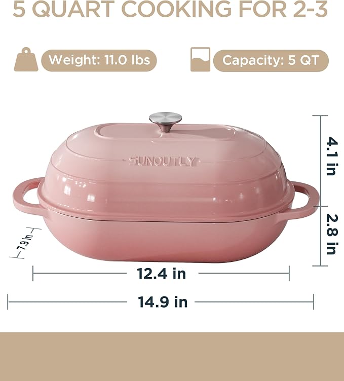 Enameled Cast Iron Bread Oven, 5QT Cast Iron Dutch Oven for Homemade Sourdough Bread Baking, Oval Bread Pot with Dome Lid & Cotton Potholders, Gentle Pink