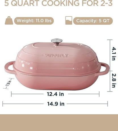 Enameled Cast Iron Bread Oven, 5QT Cast Iron Dutch Oven for Homemade Sourdough Bread Baking, Oval Bread Pot with Dome Lid & Cotton Potholders, Gentle Pink