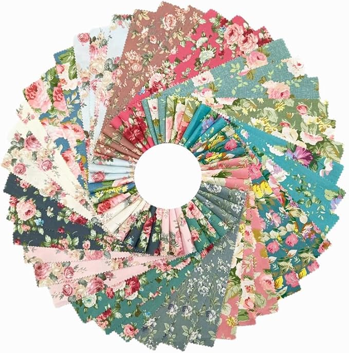 42 Pcs Jelly Roll Fabric Strips for Quilting Fabrics, Sewing Supplies DIY Crafts 2.6 Inch Precut Cotton Fabric Bundles with Wavy Edges, Floral Rose Patchwork