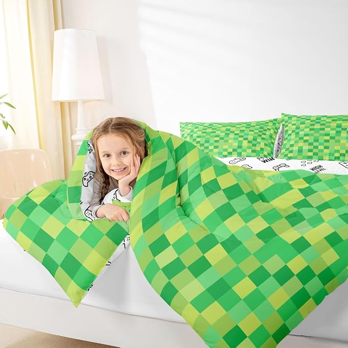 Manfei Pixelated Grid Kids Comforter Toddler Size,Miners Lattice Games Quilt Set for Kids Boys Girls Bedroom Decor,Geometric Square Blocks Bedding Set,Green Duvet Insert,1 Pillowcase