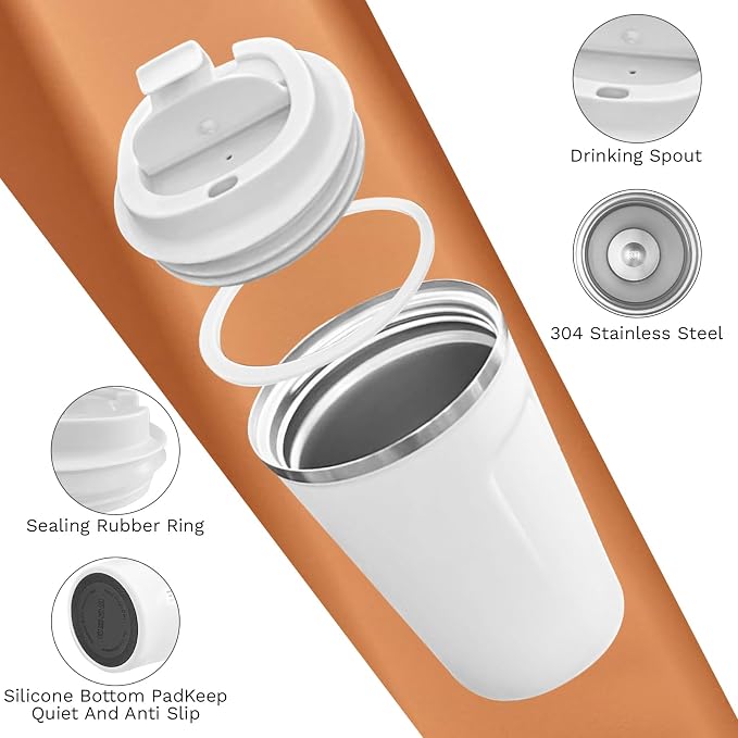 SPLMIFA Travel coffee mugs leak-proof, reusable coffee cups with lids, stainless steel vacuum insulated coffee tumblers, thermal insulation cups for men & women keep drinks hot & cold(2nd-White, 12OZ)