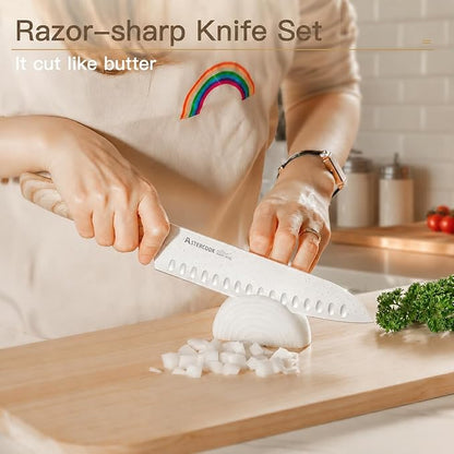 Astercook Knife Set, 13 Pieces Kitchen Knives Set with Ceramic Coating, Stainless Steel Chef Knife Sets with 6 Blade Guards, Dishwasher Safe Knives with Wooden Handle, Elegant White