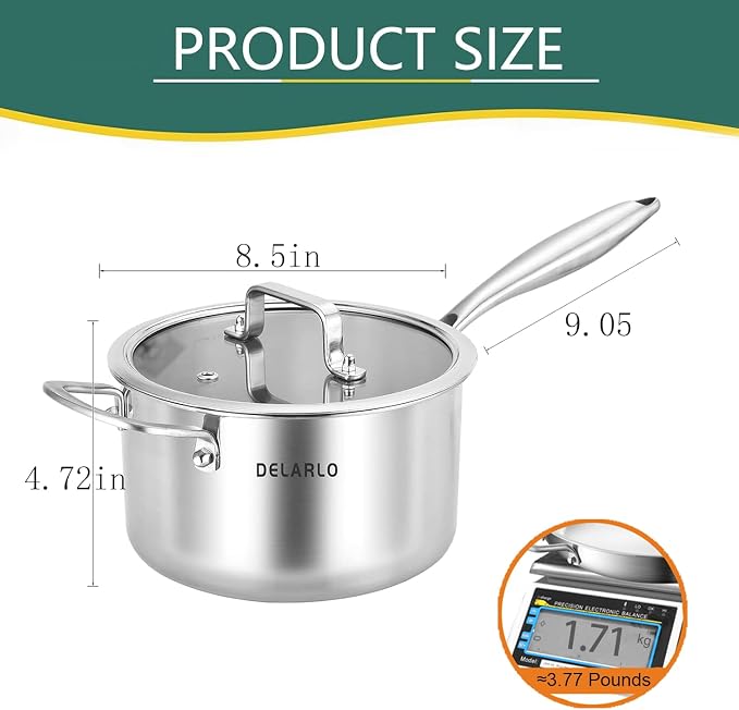 DELARLO Tri-Ply Stainless Steel Saucepan, 3.5 QT Saucepan with Lid, All Stove Compatible 500℉, Induction Sauce Pot, Heavy Duty Saucier, Dishwasher Safe Saucepan, Induction Pot 3.5 Quart, Even Heat