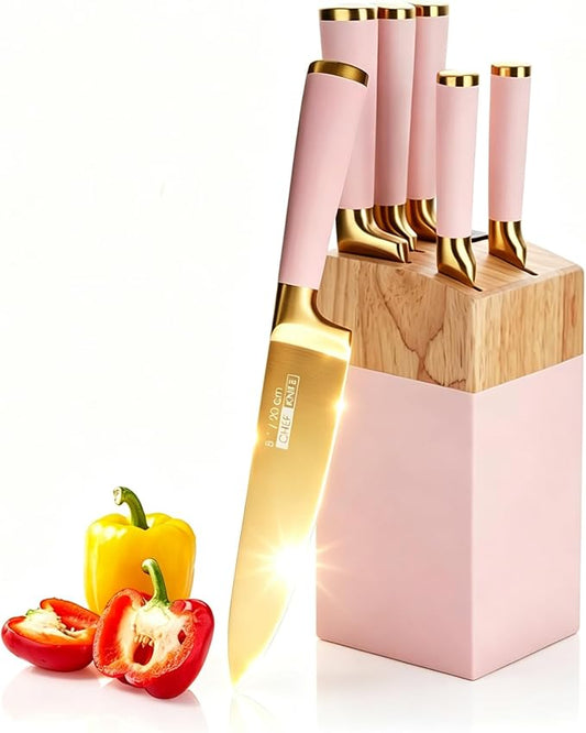 Aesthetic Gold Pink Kitchen Knife Set,7Pcs Gold Titanium Coated Dishwasher Safe Knife Block Sets,Wooden Block with Built-In Sharpener,Luxury Gift for Women Modern Kitchen