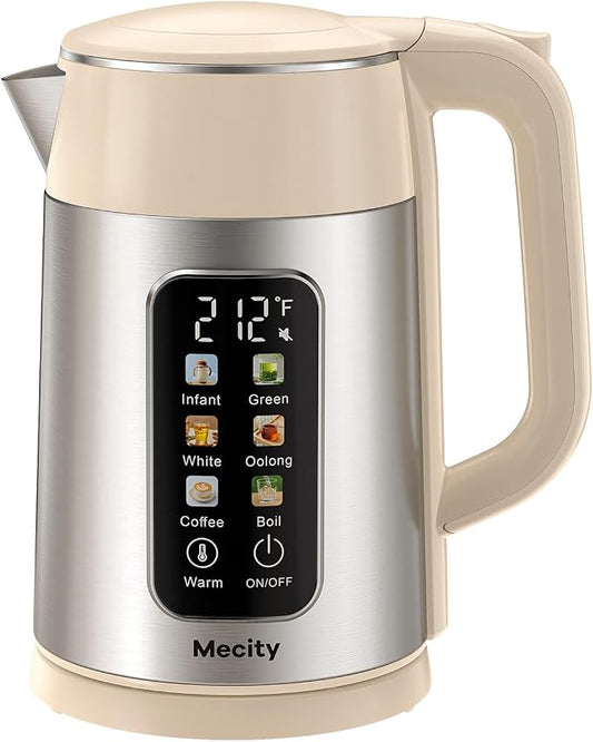 Mecity Electric Kettle 1.7L Touch Screen Temperature Control Water Boiler, No Plastic Contact with Water. 6 Presets For Tea and Coffee, 2 Hours Keep Warm, Auto Shut Off, Cream & Stainless Steel Color