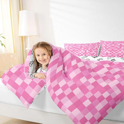 Manfei Pixelated Style Kids Comforter Toddler Size,Geometric Square Grid Quilt Set for Kids Boys Girls Bedroom Decor,Video Games Miners Bedding Set,Pink Duvet Insert,1 Pillowcase