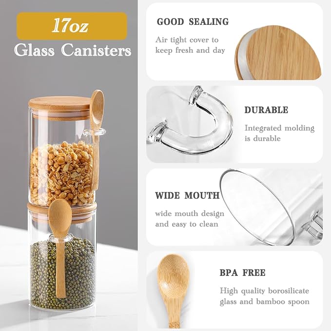 Airtight Glass Jar With Bamboo Lid And Spoon, 15oz Glass Canisters With Lid For Spice Beans Tea, Sealed Sugar Container, Glass Coffee Containers, Food Jar Canister, Kitchen Accessories (1pcs)