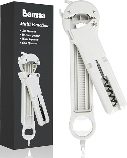 Jar Opener for Seniors with Arthritis, 7 in 1 Bottle Opener and Wine Corkscrew, Easy Grip Kitchen Gadget for Weak Hands Elderly, Retractable Jaw Lid Opener with Magnetic Storage (White)
