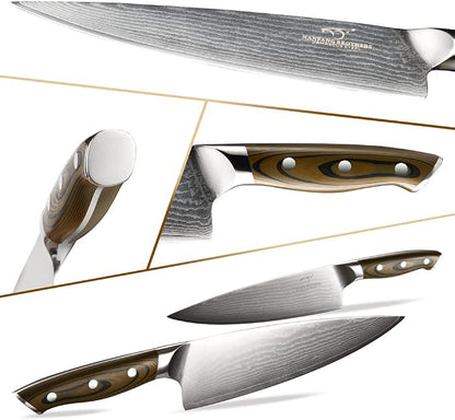 Kitchen Damascus Knife Set, 9-Piece Kitchen Knife Set with Block, Non-slip G10 Ergonomic Triple Rivet Handle for Chef Knives, Knife Sharpener and Kitchen Shears, Natural Wood Block (Brown/Grey)
