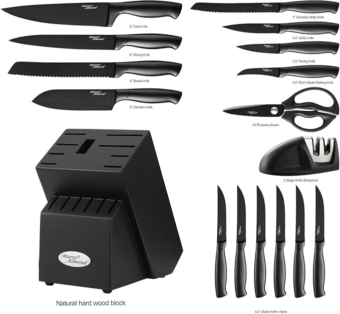 Marco Almond® Kitchen Knife Set with Block and Sharpener MA23, 17 Pieces Knife Block Set Stainless Steel Chef Black Knives Set for Kitchen