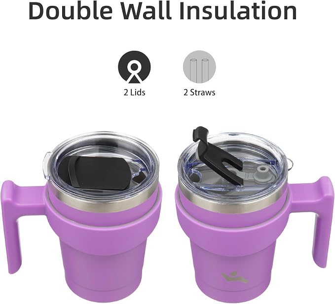 Konokyo 10 oz Tumbler with Handle and 2 Straw 2 Lid, Insulated Water Bottle Stainless Steel Vacuum Cup Reusable Travel Mug,Lavender