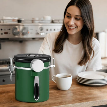 ShanSon Coffee Canister Airtight, Stainless Steel Bean Storage Container with Date Tracker & Scoop, Grounds Sugar Flour Tea Cereal Fits Kitchen Pantry, Ideal Gift for Coffee Lovers,22oz, Dark Green