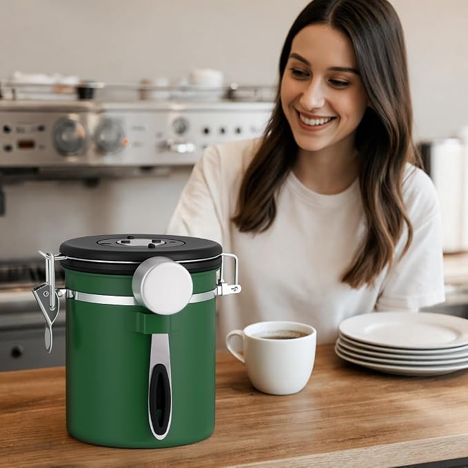 ShanSon Coffee Canister Airtight, Stainless Steel Bean Storage Container with Date Tracker & Scoop, Grounds Sugar Flour Tea Cereal Fits Kitchen Pantry, Ideal Gift for Coffee Lovers,12oz, Dark Green