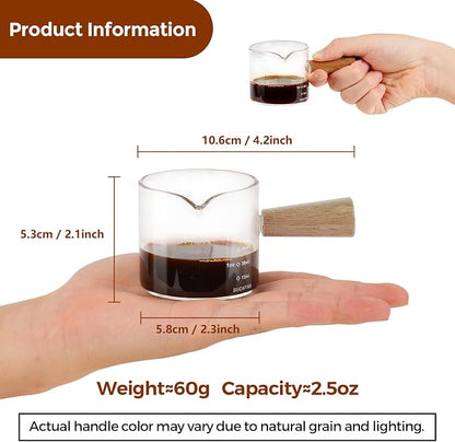 YARRAMATE 2.5 oz/75ML Espresso Shots Cup with Wooden Handle, Clear Glass Demitasse Cup with Dual Scale Markings for Coffee Extraction (2 Pack, Single Spout)