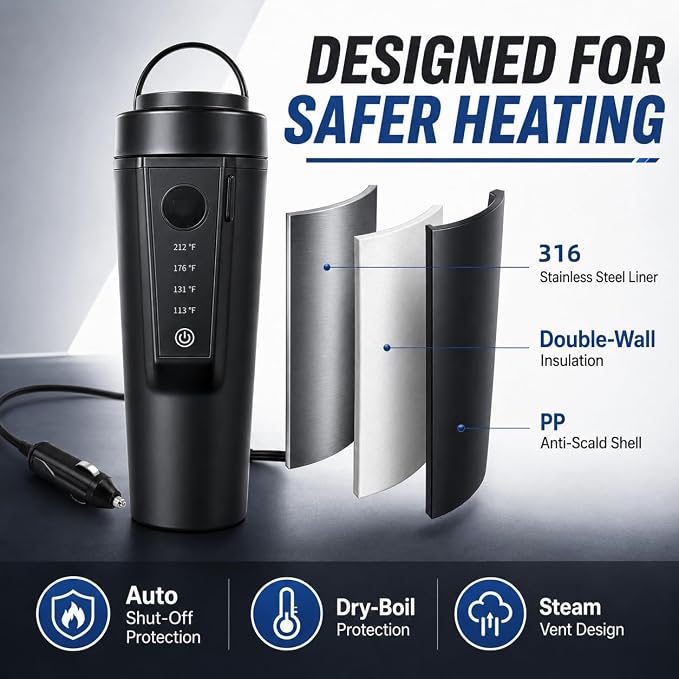 Travel Electric Car Kettle 12V/24V Dual Voltage, Protable Car Electric Kettle for Road Trips, Mini Protable Water Boiler 4 Temp Control for Boiling Water & Brewing Coffee Tea Milk, 400ml(Black)