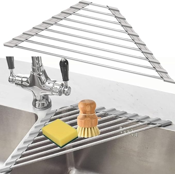 Triangle Dish Drying Rack Multipurpose Roll-up Drying Rack for Sink Corner Stainless Steel Over The Sink Corner Dish Drainer Mat for Kitchen (Grey)