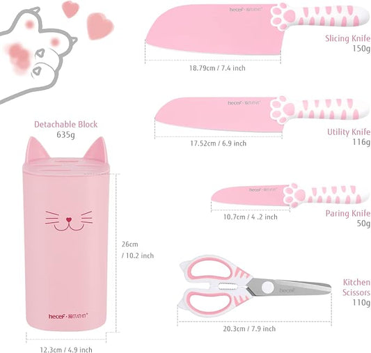hecef Cute Kitchen Knife Set, Dishwasher Safe, 5-piece Non-Stcik Knives Set with Detachable Block and Scissors,Sharp for Chopping, Slicing, Dicing and Cutting (Pink)