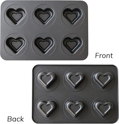 6 Cup Valentines Heart Shape Muffin Cupcake Pan Nonstick Cheesecake Brownie Cookie Cake Baking Tin Tray Mold, for Christmas Birthday Anniversary Wedding