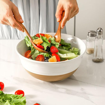 HASENSE Large Ceramic Serving Bowls Set of 2, 60 Oz 8.5 Inch White & Terracotta Stoneware Bowls, Farmhouse Bowls for Salad, Soup & Pasta, Dishwasher & Microwave Safe, Christmas Entertaining Dishes