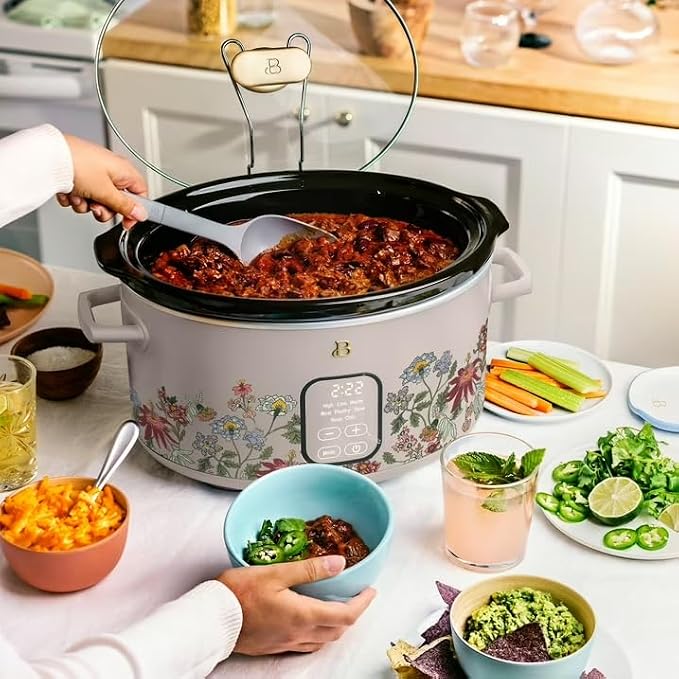 B 6 Qt Programmable Slow Cooker with Digital Timer, 5 Cooking Functions, Removable Ceramic Pot, Tempered Glass Lid, Dishwasher Safe (Wildflower Porcini Taupe)