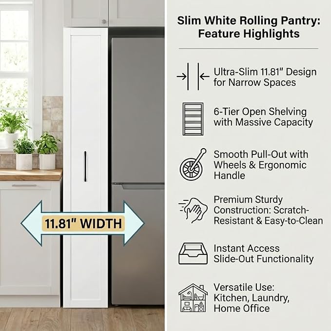 Slim Rolling Storage Cart, Pull Out Spice Rack, 6-Tier Rolling Pantry for Kitchen Fridge Gap & Laundry Room, Space-Saving Slide Out Utility Cabinet (White, with Side Panel)