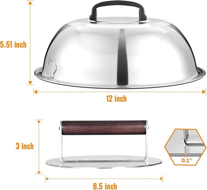 HULISEN Heavy-Duty Burger Press & Melting Dome Set, 8.5 Inch Round Stainless Steel Bacon Press with Wooden Handle, 12 Inch Basting Cover, Griddle Accessories Kit for Flat Top Grill Indoor/Outdoor