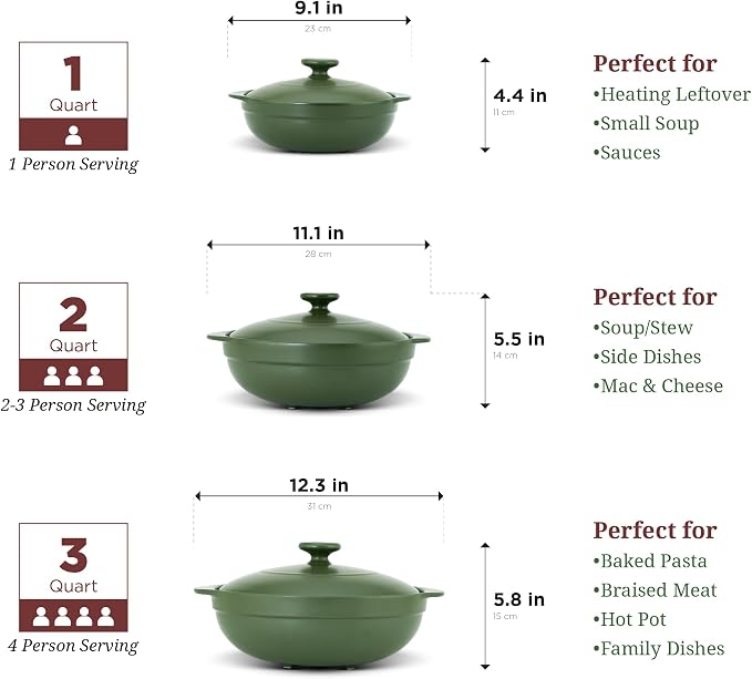 MINH LONG 1-Qt Porcelain Dutch Oven with Lid – Lead & Cadmium Free, Oven Safe to 482°F, Heat Retention, Clay Pot for Cooking on Gas & Infrared Cooktop, Use to Marinate, Cook, Bake, Refrigerate & Serve