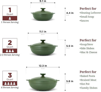 MINH LONG 1-Qt Porcelain Dutch Oven with Lid – Lead & Cadmium Free, Oven Safe to 482°F, Heat Retention, Clay Pot for Cooking on Gas & Infrared Cooktop, Use to Marinate, Cook, Bake, Refrigerate & Serve