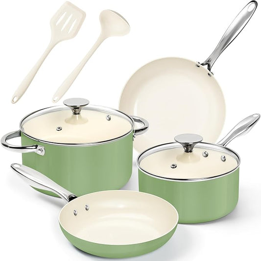 MICHELANGELO Pots and Pans Set Non Stick 8 Piece Ceramic Cookware Set Green | PFAS-Free Green Ceramic Nonstick Cookware Set for Eggs, Fish, Vegetables, Low-Oil Cooking and Induction Stoves, Easy Cleanup