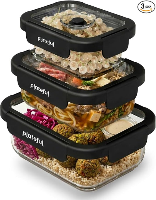 Plateful Glass Vacuum Seal Containers For Food Storage (3-pack) - Reusable Sealed Vacuum Container, Borosilicate Glass to Keep Food Fresh Longer, Works For Meal Prep
