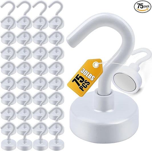 DIYMAG Magnetic Hooks, 30Lbs Strong Heavy Duty Cruise Magnet S-Hook for Classroom, Fridge, Hanging, Cabins, Grill, Kitchen, Garage, Workplace and Office Etc, (75 Pack-White)